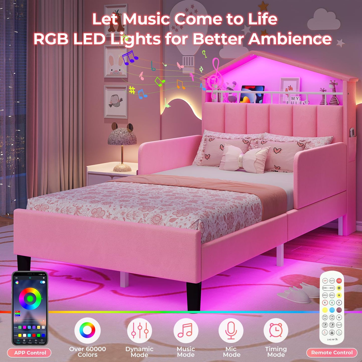 ADORNEVE Twin Size Bed Frame with LED Lights,Velvet Upholstered Platform Bed for Girls,Princess Bed with Safety Guardrail,Headboard with Charging Station & Hidden Storage,No Box Spring Needed,Pink