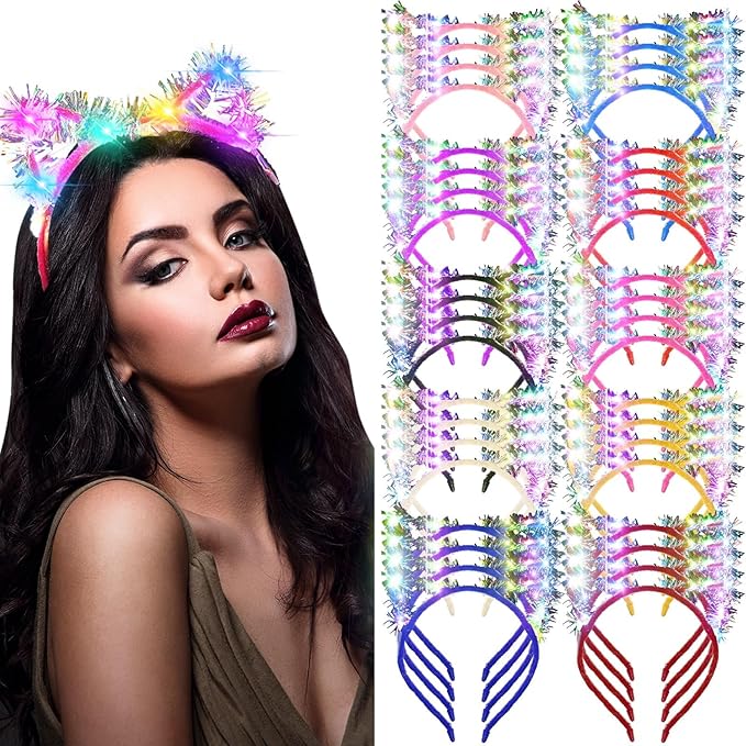 WILLBOND 40 Pcs LED Golden Silk Cat Ears Headband Halloween Cute Light up Headband Glow Cow Horn LED Hair Hoop for Women G...