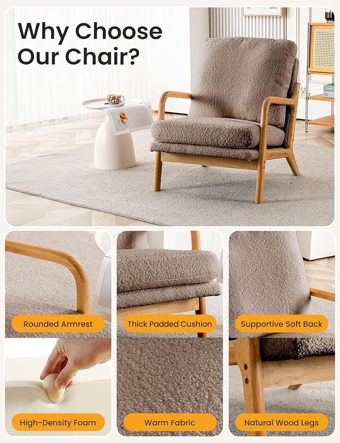 Mid Century Modern Accent Chairs for Living Room, 23” Wide Comfy Chair for Bedroom, Small Cozy Sherpa Reading Chairs for Adults, 108° Lounge Arm Chair Indoor with Detachable Cover, 5.5" Foam Cushion