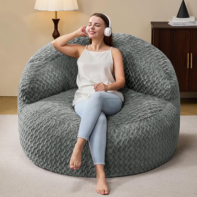 Hobestluk Bean Bag Chair Giant Bean Bag Chairs for Adults Big Bean Bag Chair with Memory Foam Filler Adults Large Beanbag with Faux Fur Cover for Bedroom (Chevron Grey,Oversize)