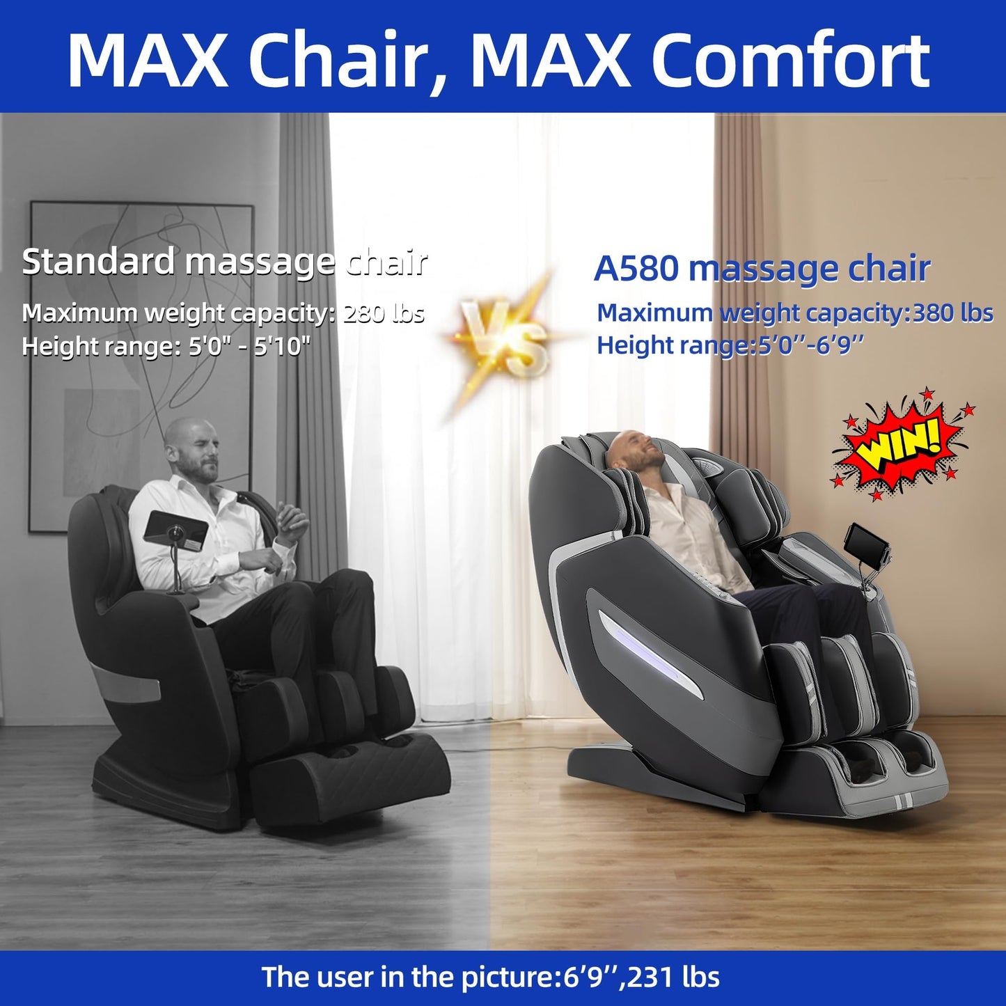 MassaMAX 4D Plus Massage Chair for Big & Tall People Full Body Massage Up to 6'10" & 500 lbs, 59" SL Track, OTA Cloud Upgrade - Never Outdated, APP Control, 27+ Modes, Auto Footrest Extension A580