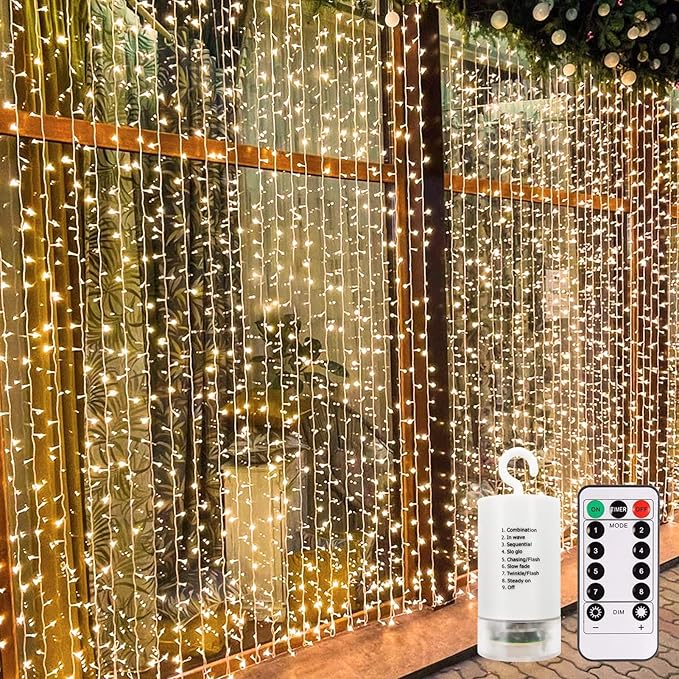 echosari 300 LED Curtain Lights Battery Operated, 9.8ft×9.8ft Hanging Light with Remote Timer Fairy Curtain Lights for Bed...