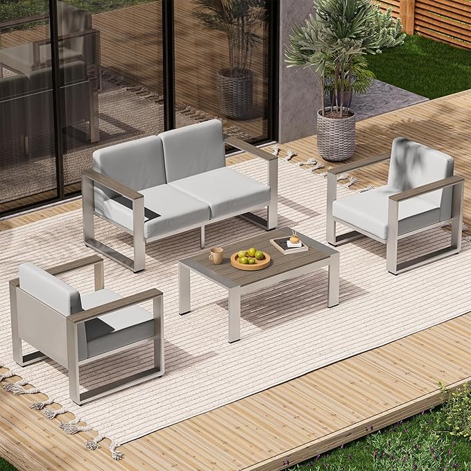 ComfCove Aluminum Outdoor Furniture Set, 4 Seats Outdoor Patio Conversation Sets with Ergonomic Seat and Wide Washable Thick Cushions, Modern Patio Sectional Furniture for Balcony, Porch (Gray)