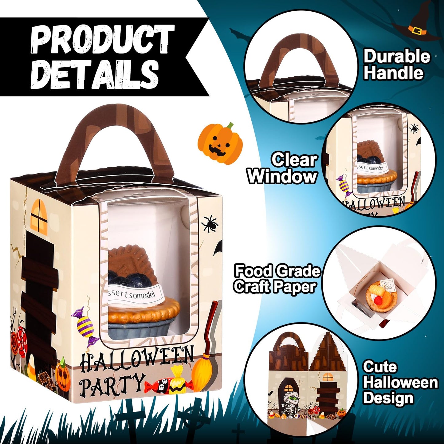 Qeeenar 60 Pieces Halloween Cupcake Boxes Halloween Individual Carriers Party Boxes with Clear Window for Cupcake Candies Gifts Wrap Dessert Table Decoration