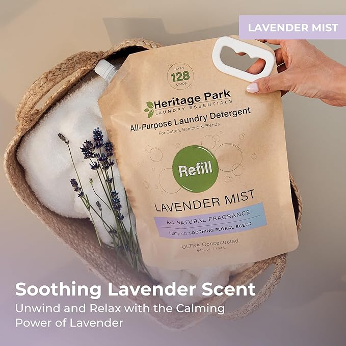 Heritage Park Luxury Laundry Detergent | Dermatologist Tested Plant based Natural & Enzyme Laundry Detergent | Sensitive Skin Friendly - Lavender Mist (64 fl oz Refill)