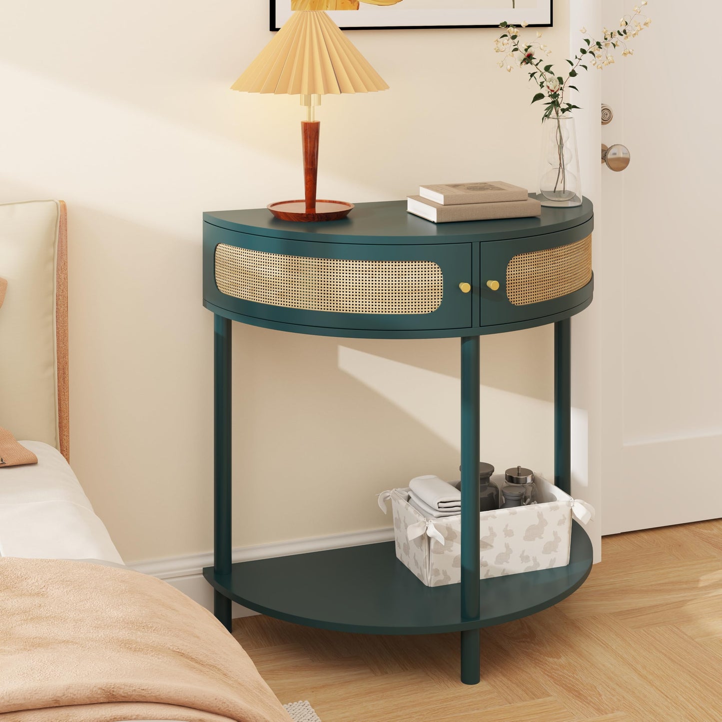 Half Moon Wood Console Table for Narrow Entryway, Boho Rattan Side Coffee Table with Storage, Accent Table for Small Spaces, Decorative Furniture for Living Room Hallway Foyer Entrance (Green)
