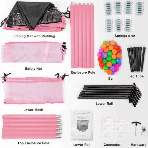 Merax 55" Indoor/Outdoor Kids Jumper: Safety Enclosure Net, Ball Pit Included | 4.5FT Mini Trampoline for Toddlers & Babies 3+ Months,Pink
