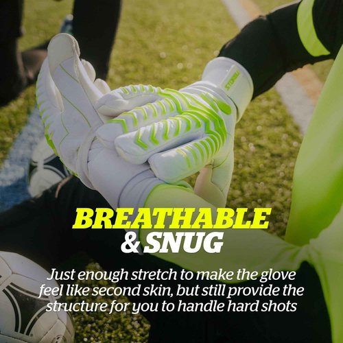 Storelli Electric Goalkeeper Gloves, High-Impact Hand Protection with 5 Removable Finger Spines, German Contact Latex, Wrist Strap, Extended Cuff, Youth & Adults, Unisex, 1 Pair, White Charge, Size 7