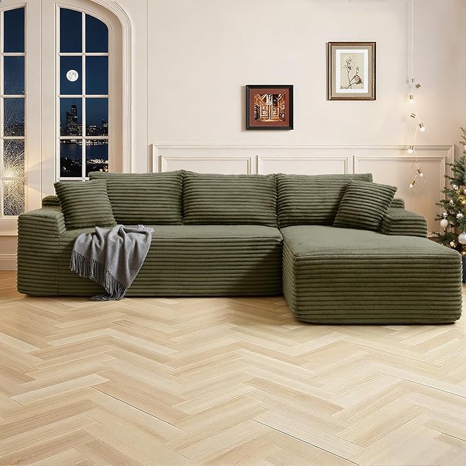 108 Inch Cloud Sectional Couch,Modern Modular Sectional Sofa with Deep Seat,Corduroy Boneless Couches with L-Shape Chaise for Living Room,No Assembly Required (Green, Right Facing Chaise)