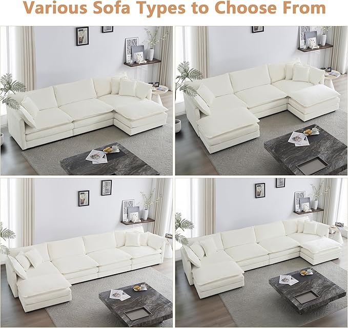 mikibama Luxury Modular Sectional Sofa, 111.5" Modern Chenille Comfy Cloud Couches for Living Room Office, 3 Seater Deep Sofa with 2 Armrest Pillows and 3 Toss Pillows, Beige