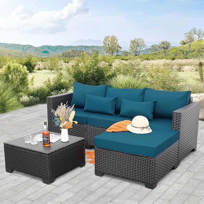Rattaner Wicker Patio Furniture Set - 3 Piece Outdoor Sectional Couch with Storage Coffee Table, All-Weather Non-Slip Cushions & Waterproof Covers, Peacock Blue