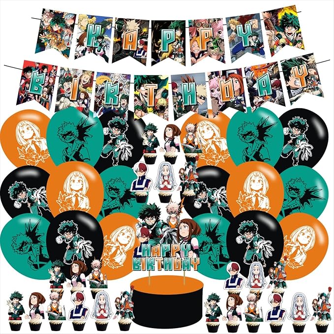 Academia of My Hero Party Decorations,Birthday Party Supplies For Cartoon Hero Party Supplies Includes Banner - Cake Toppe...