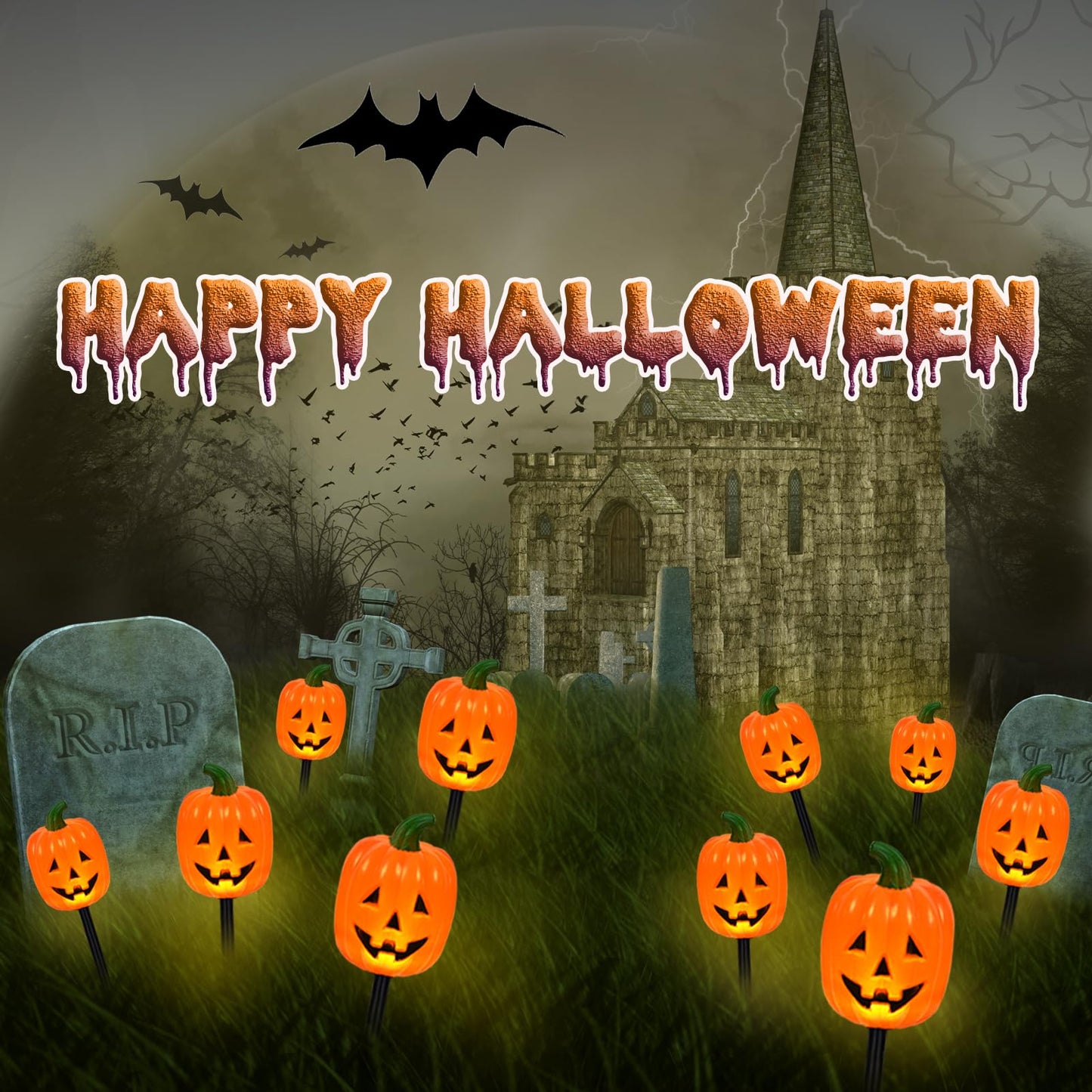 Halloween Pumpkin Stake Lights, Set of 10 Decorative Solar Pumpkin Lights, Waterproof Halloween Decorations for Outdoor Garden and Yard (Pumpkin)
