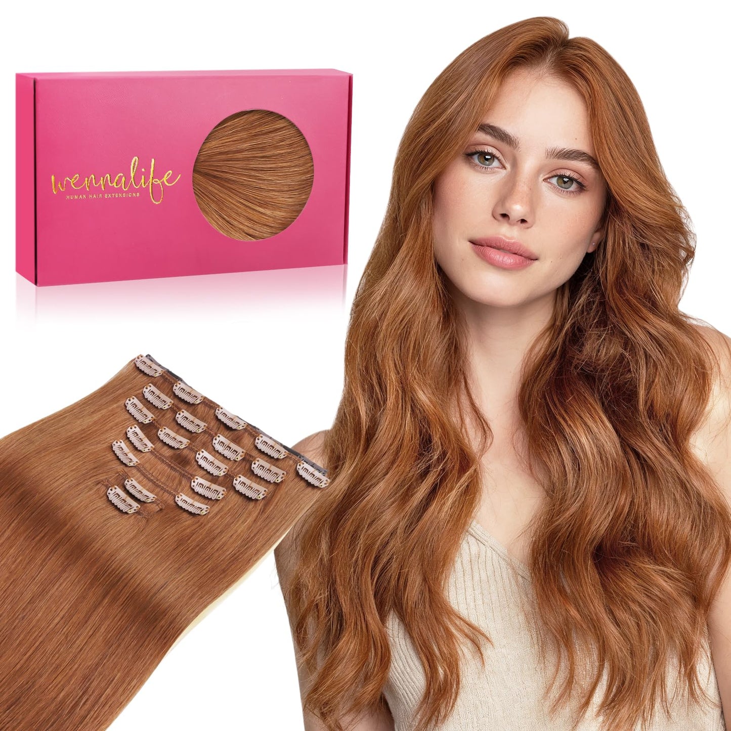 WENNALIFE Clip in Hair Extensions Real Human Hair, 20 Inch 120g 7pcs Cinnamon Terra Copper Remy Hair Straight Natural Extensione