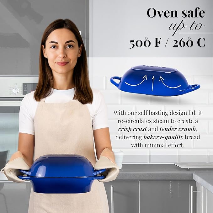 Dutch Oven For Sourdough Bread Baking – Enamelled Cast Iron Bread Loaf Pot – Oven Safe Non Stick Bread Pot – Rectangular, Dark Blue, 24cm x 16cm – by Nuovva