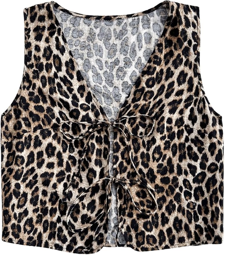 WDIRARA Women's Leopard Print Bow Tie Front Vest Sleeveless V Neck Crop Tank Top