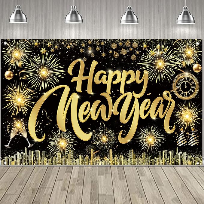 Famoby Happy New Year Fabric Sign Poster Banner Backdrop with Pattern Firework Champagne for Photo Booth Background New Ye...