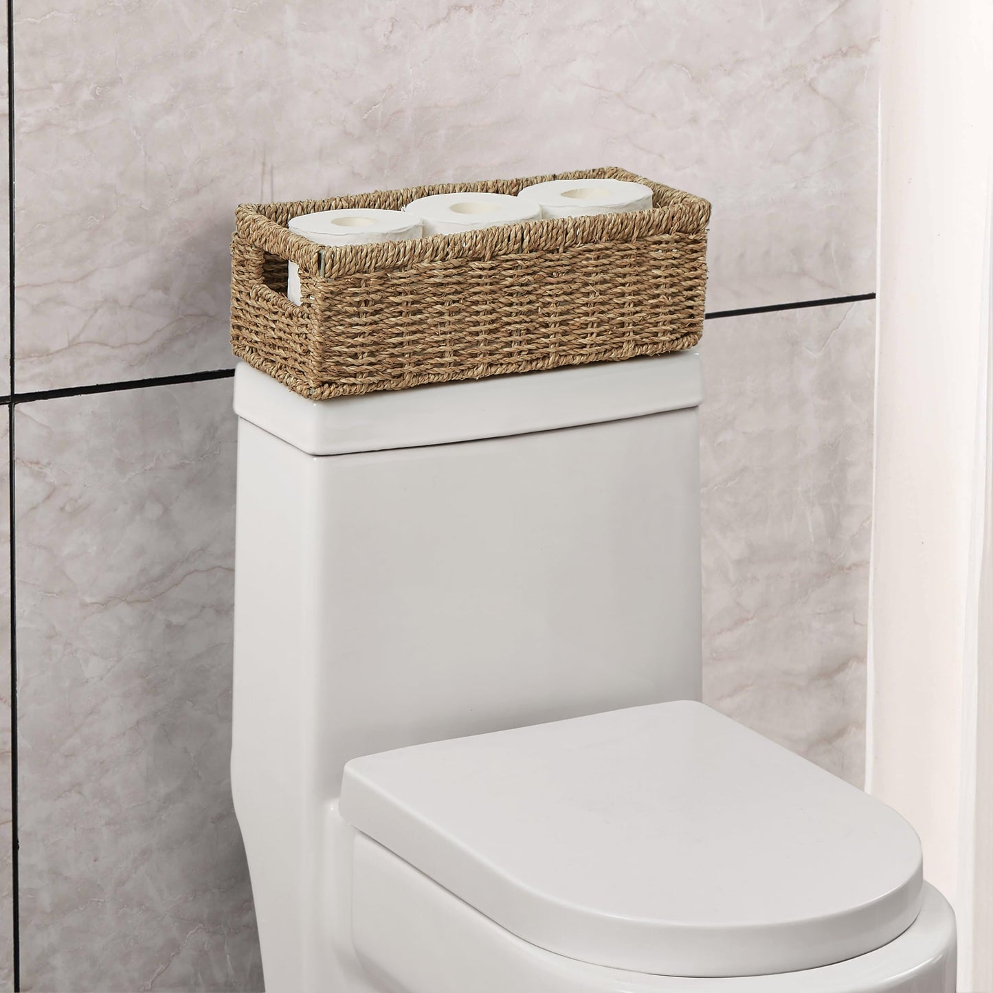 Vagusicc Wicker Storage Basket, Hand-Woven Seagrass Wicker Baskets with Handles, Toilet Paper Basket for Toilet Tank Top, Small Wicke Baskets for Organizing Shelves, 2-Pack, Seagrass