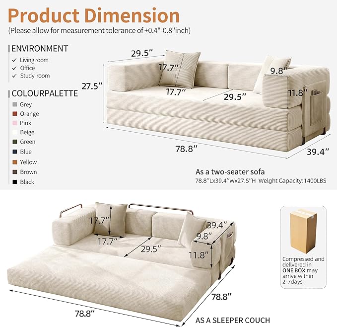 Fancyfire 78.8" Convertible Sofa Bed with Armrest Pillow,4-in-1 Sleeper Couch Bed for Livingroom,Modular Corduroy Boneless couches,No Assembly (Beige)