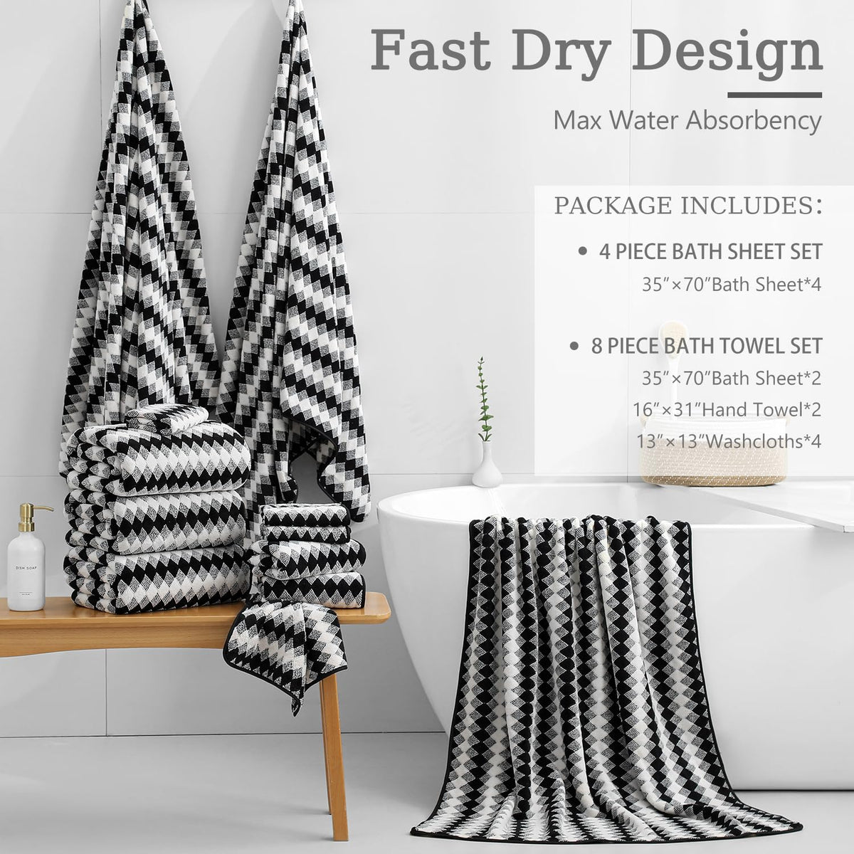 4 Piece Bath Towel Black Oversized Bath Sheet 35"x70" Bathroom Towel Extra Large Bath Towel Set Soft Highly Absorbent & Quick Dry Premium Towel Set for Bathroom 600GSM Shower Towel Spa Gym Hotel