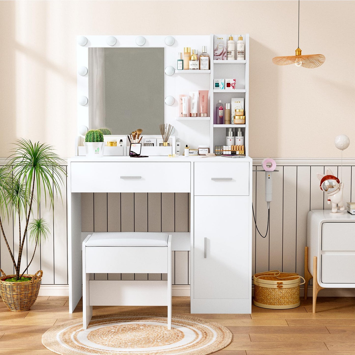 OPENAIRCOMFORT Vanity Mirror with Lights Desk and Chair: Make up Vanity with Mirror and Lights, Vanity Dresser with Drawers and Stool, for Bedroom Dressing Room (White)