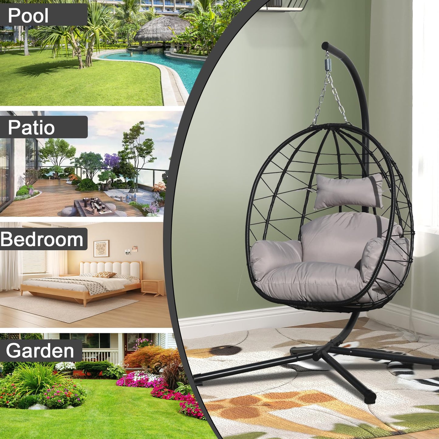 Egg Chair with Stand, Uv-Proof Pe Wicker Hanging Chair for Outdoor Patio, Cushioned Hammock Swing for Bedroom Garden Indoor/Outdoor, Double-Zipper Structure Hanging Egg Chair (Black and Gray)