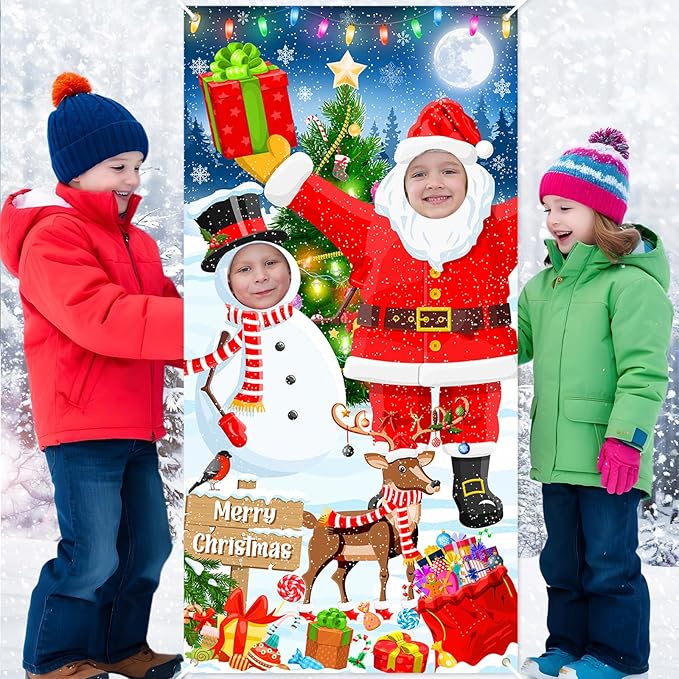 Lecheme Christmas Photo Banner 6x3ft Hole in Face Santa Face Cutout Xmas Backdrop Holiday Photo Booth Props Christmas Part...