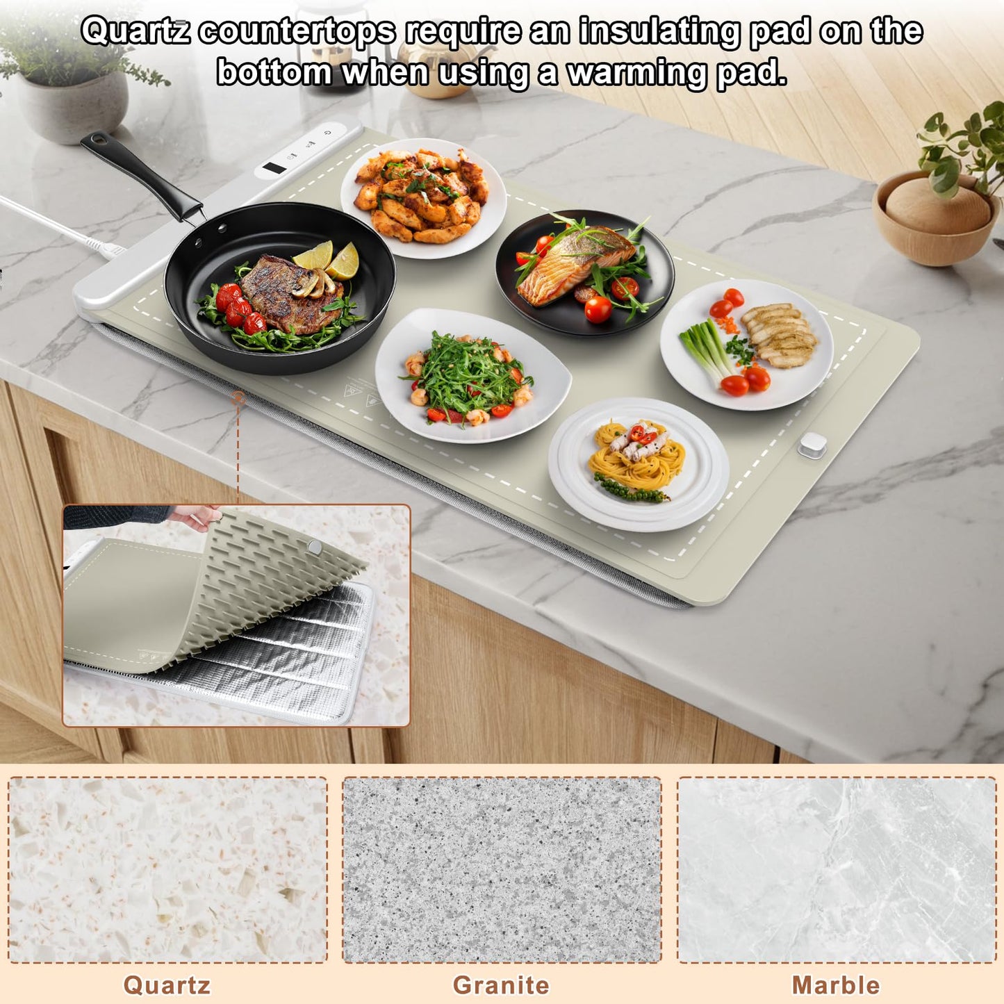 FYY Warming Mat for Food - Rapid and Full Surface Heating, 6 Temp Settings, 6H Timer, Rollable Portable Food Warming Mat, Ideal for Gatherings, Parties, Keep Meal Warm (X Large Size, Khaki)