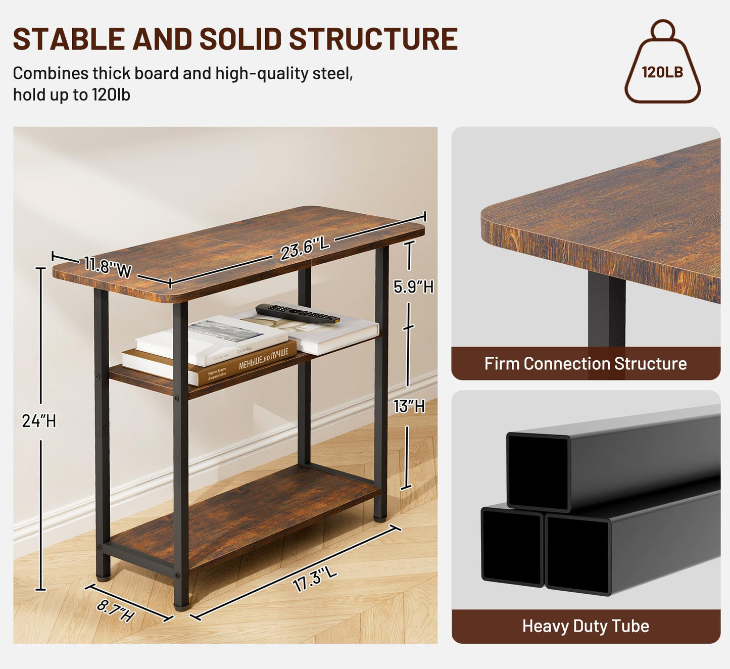 SLEEPING LAMB Side Table for Living Room, 3-Tier End Table for Small Space with Wide Storage Tabletop, Rustic Brown Narrow Nightstand for Bedroom, Sofa Couch