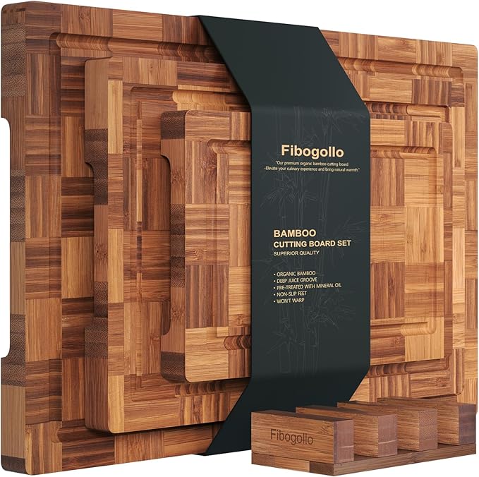 Fibogollo Bamboo Cutting Boards for Kitchen,Chopping Boards Set with Juice Groove,End Grain Bamboo Butcher Block,Serving B...