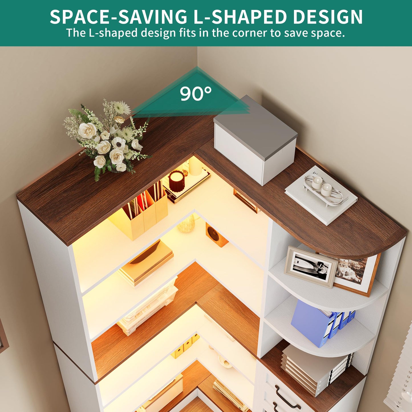 YITAHOME Corner Bookshelf with Storage, Farmhouse 6-Tier Bookshelf with Drawers and Cabinets, L-Shaped Bookcase LED Lights Corner Display Shelf for Home Office, Living Room, Bedroom