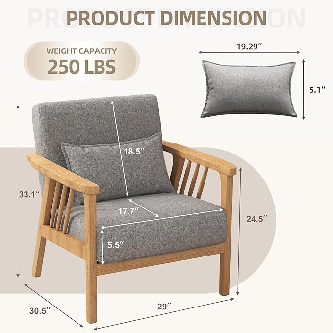 SEYNAR Mid-Century Accent Chair, Linen Fabric Armchair and Lounge Chair with Lumbar Pillow, Wide Seat & Solid Wood Frame for Living Room, Bedroom or Balcony (Light Gray)