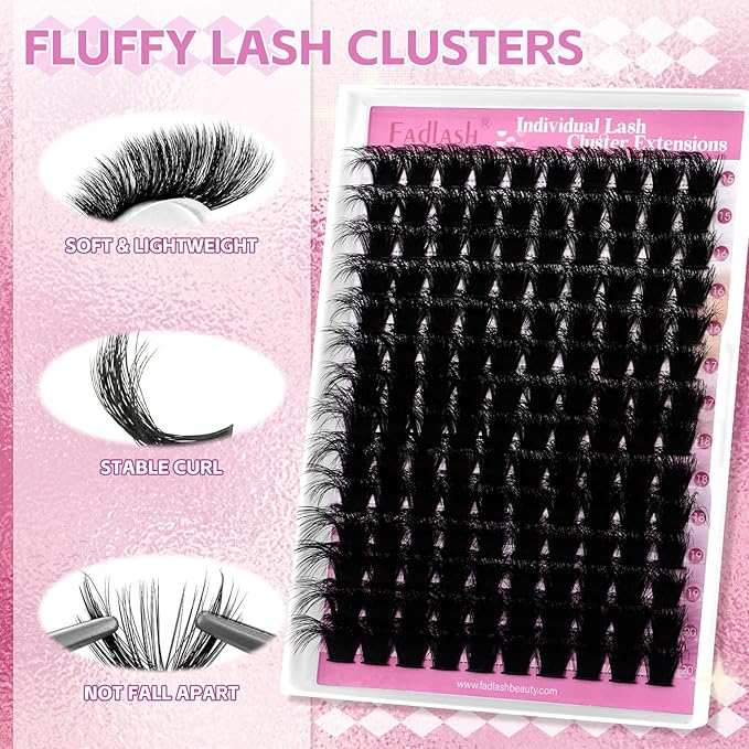 FADLASH Lash Clusters 200D Thick Eyelash Clusters D Curl Volume Cluster Eyelash Extensions 15-20mm Individual Lashes 3D Effect DIY Lash Extension Clusters (200D-0.07-D,15-20mm)
