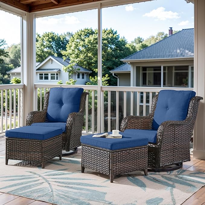 Belord 4 Pieces Patio Furniture Sets, Wicker Patio Swivel Glider Chair with Ottomans, Outdoor Furniture Set for Outside Porch, Deck, Balcony, Garden