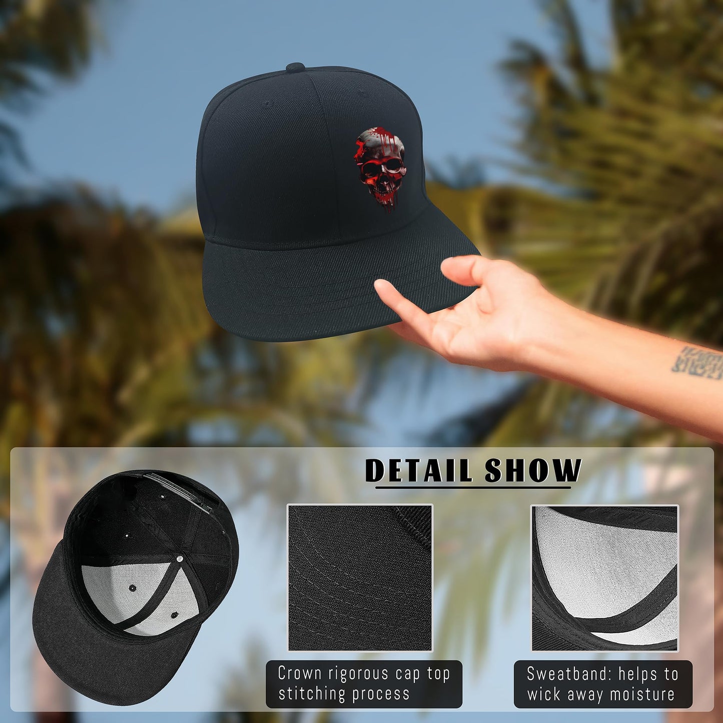 Horror Bleeding Skull Snapback Hats for Men Flat Bill Snap Backpack Baseball Hat for Women Skeleton Dad Trucker Hats Adjustable Baseball Cap Fitted Hats for Skateboarding Running