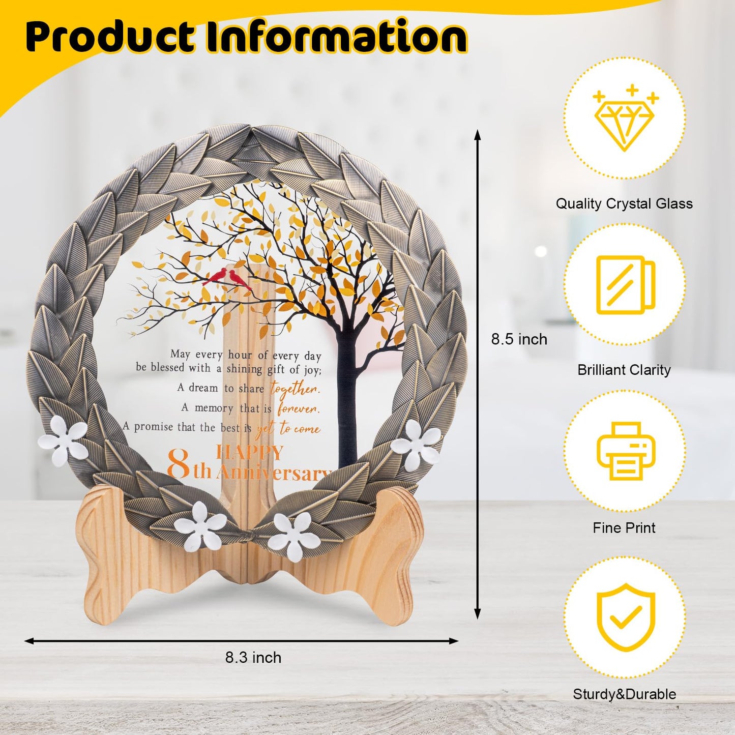 8th Anniversary Wedding Gifts Crystal Plate with Bronze Leaf Wreath - 8 Years Anniversary Wedding Unique Gifts Ideas for Parents Couple - Cardinal Style