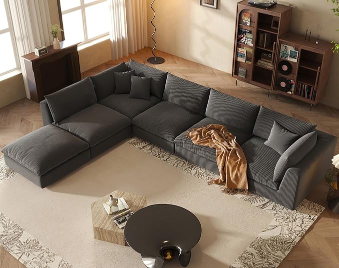 Fajiani Oversized Modular Sectional Sofa, Cloud Couch Deep Seat Sofa Cushion Covers Removable, Oversized Sectional Couches for Living Room (6 Seater-Black Gray)