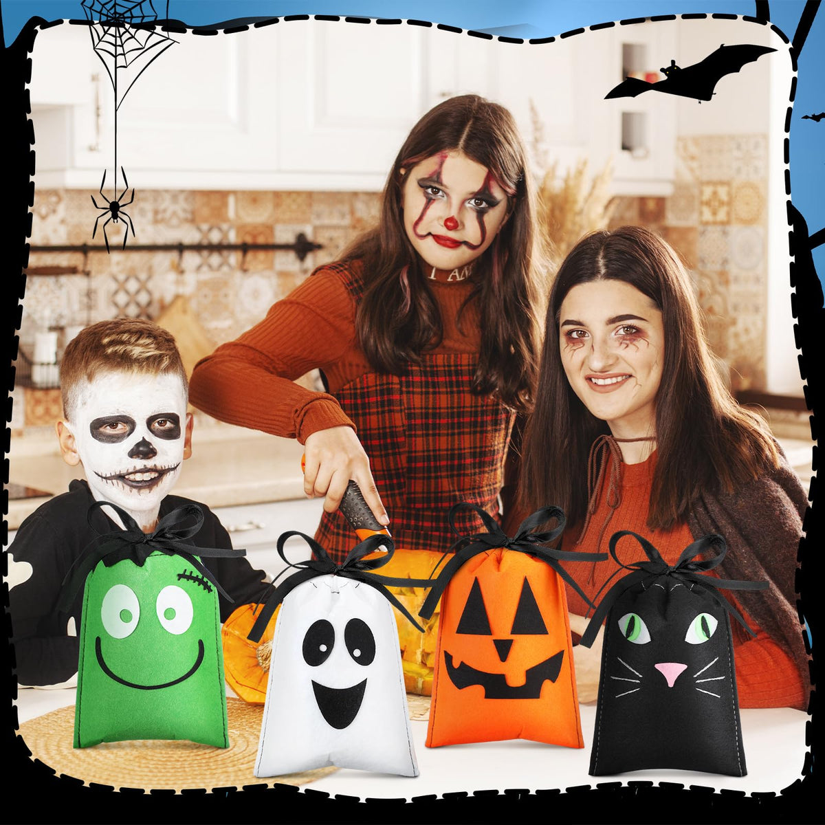 Sweetude 24 Pcs Halloween Felt Treat Bags 5 x 7'' Handmade Pumpkin Ghost Candy Goodie Gift Bags with Drawstrings Trick or Treat Halloween Party Favors Supplies
