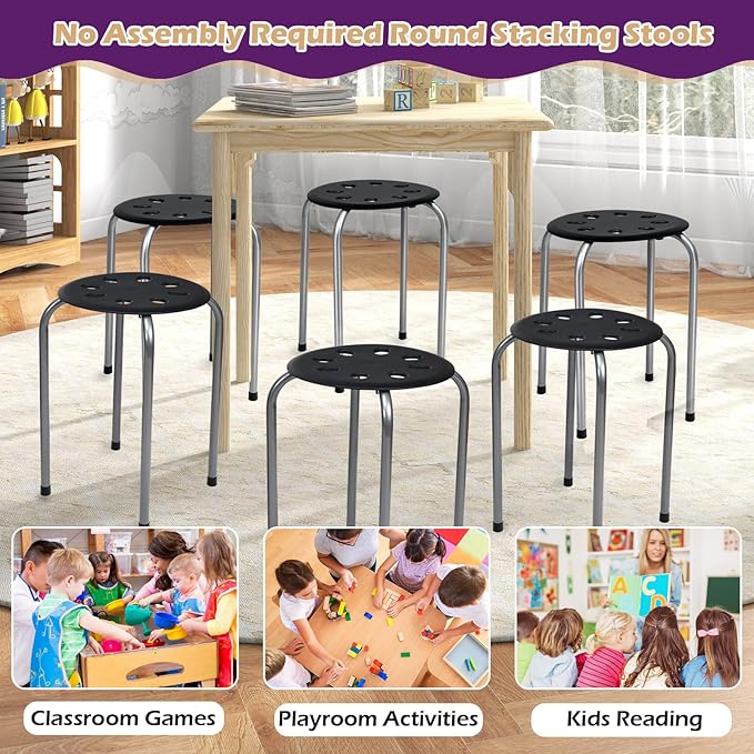 POWERSTONE Stackable Stools Set of 6, 17.5in Portable Stacking Bar Stool Grey Classroom Stools with Iron Legs Round Nesting Chairs Flexible Seating for Home Office School