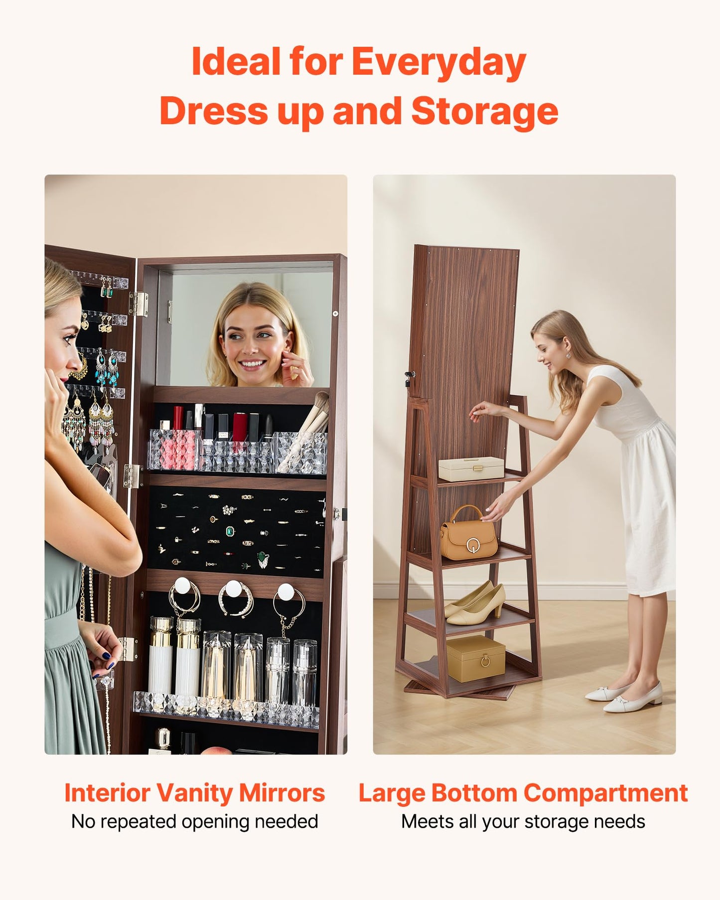 VEVOR 360° Swivel Jewelry Cabinet, 61-inch Tall, Full-Length Mirror with Storage, Standing Rotatable Jewelry Armoire Organizer, Lockable Door with 2 Keys, Accessory Pouches, and Storage Shelves