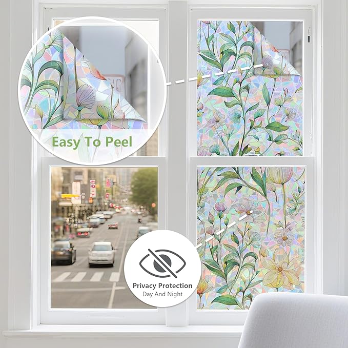 FINNEZ Window Privacy Film Stain Glass Film Flowers Rainbow Window Film Window Clings Non-Adhesive Reusable Decorative for Home（Forest Rainbow，45.2 Inch x 13.1 Feet）
