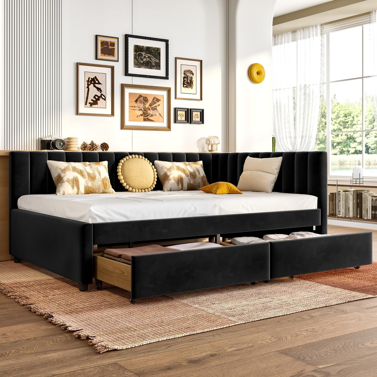 KEIKI Full Size Corner Daybed with 2 Storage Drawers, Upholstered Velvet Bed Frame, L Shaped Sofa Bed with Backrest, Wooden Slats Support, No Box Spring Needed for Guest Room, Small Space, Black