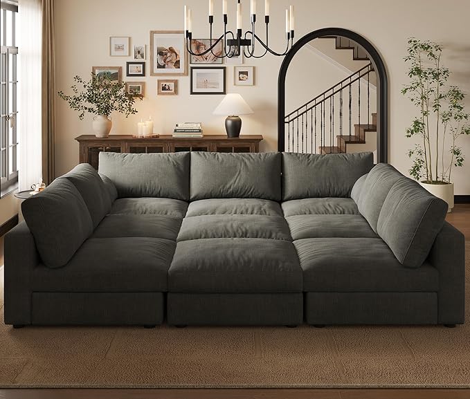 Cloud Modular Sectional Sleeper Sofa with Storage Ottoman, 128" Oversized Sectional Couches for Living Room, Cloud Modular Sleeper Sofa with Chaise, 9 Seater, Chenille, Dark Gray