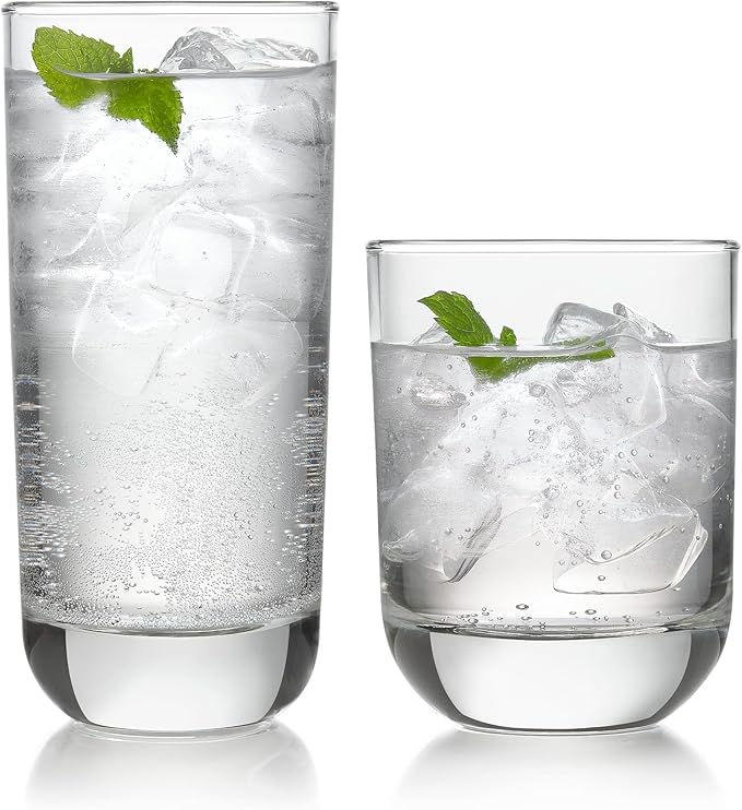 Libbey Drinking Glasses Polaris Tumbler and Rocks Set of 16, Clear, Sturdy Drinkware Glasses Set, Kitchen Glassware for Co...
