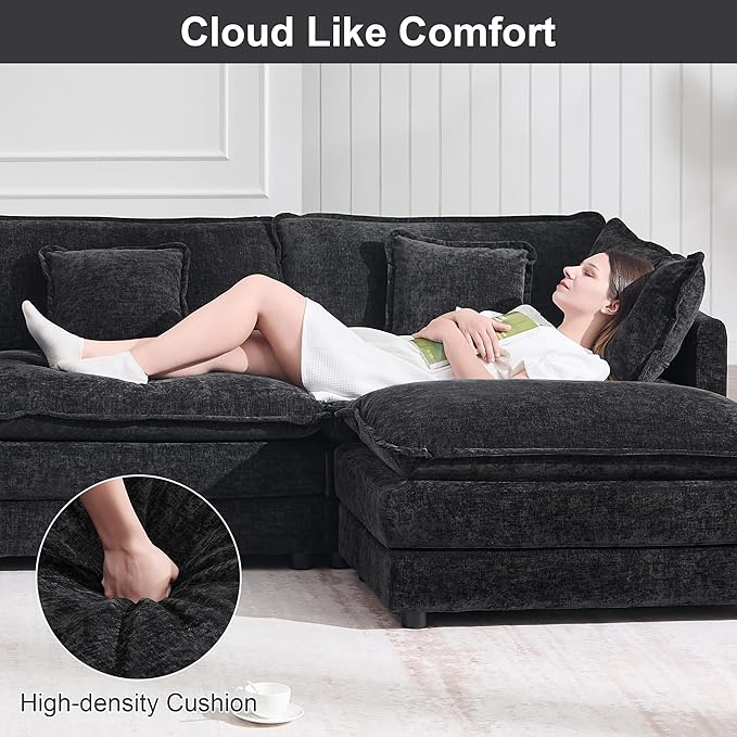 KIVENJAJA 111.5”W Chenille L-Shaped Modular Sectional Sofa, Modern 3-Seater Comfy Deep Seat Cloud Couch with Ottoman/Chaise & 5 Pillows for Living Room Office Apartment, Black
