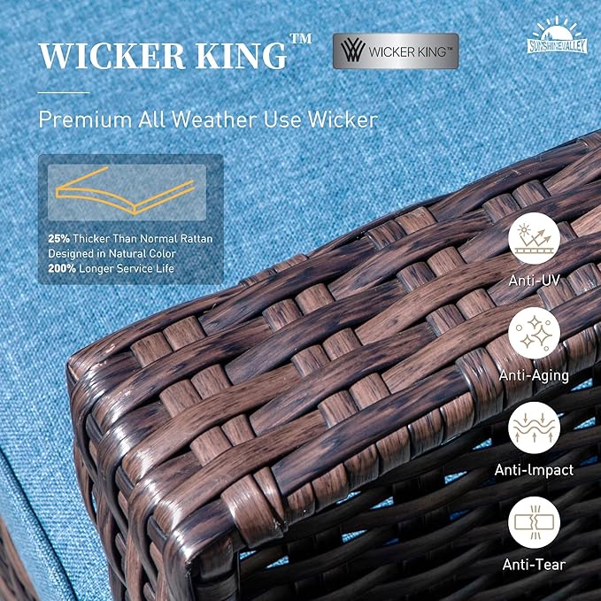 SUNSHINE VALLEY Patio Wicker Swivel Chairs Set of 2, Outdoor High Back Chairs with 5.5" Waterproof Cushions and Side Table, Outdoor Furniture Set for Deck Porch and Yard, Peacock Blue