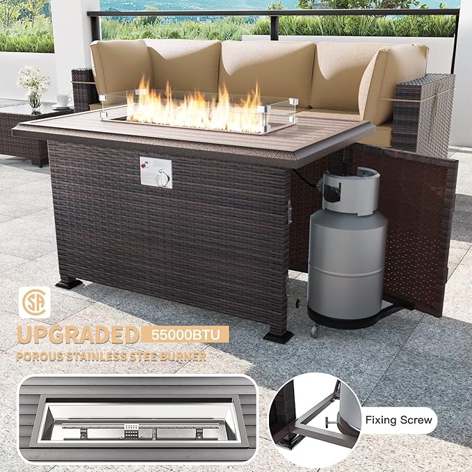 Kullavik 8 PCS Outdoor Patio Furniture Set with 43" 55000BTU Gas Propane Fire Pit Table PE Wicker Rattan Sectional Sofa Patio Conversation Sets,Khaki