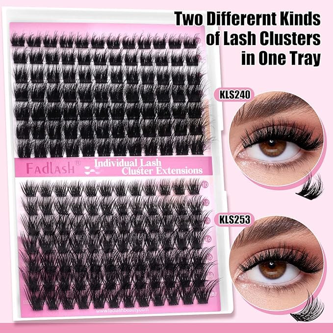 FADLASH Lash Extension Kit Lash Clusters Kit 10-18mm Eyelash Cluster Lashes with Lash Bond and Seal Lash Tweezers DIY at Home (KLS240+KLS253-07D-10-18 Kit)
