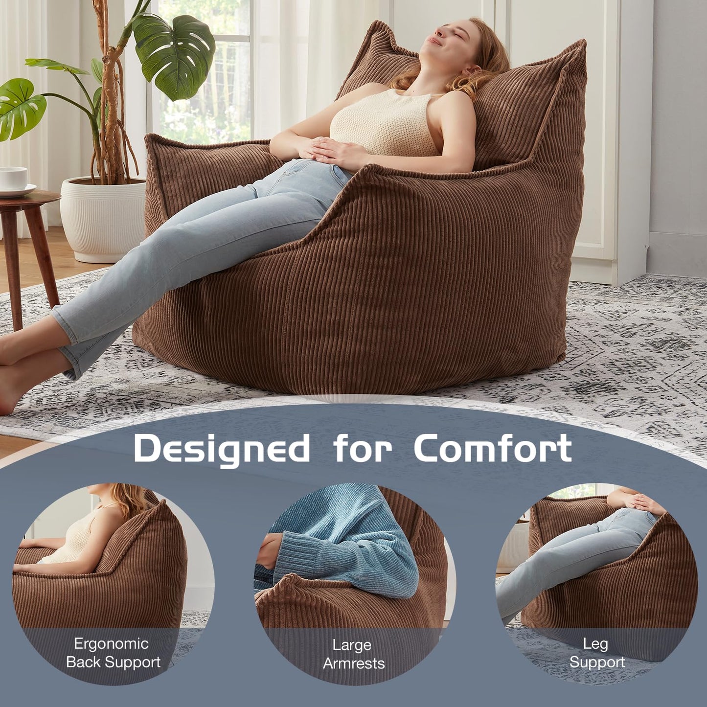 EBENCHICO Giant Bean Bag Chair Sofa for Adults Teens, Comfy Corduroy Large Bean Bag Chairs with Armrests for Bedroom Living Room, Adult BeanBag Lazy Sofa Couch Chairs with Filler Included