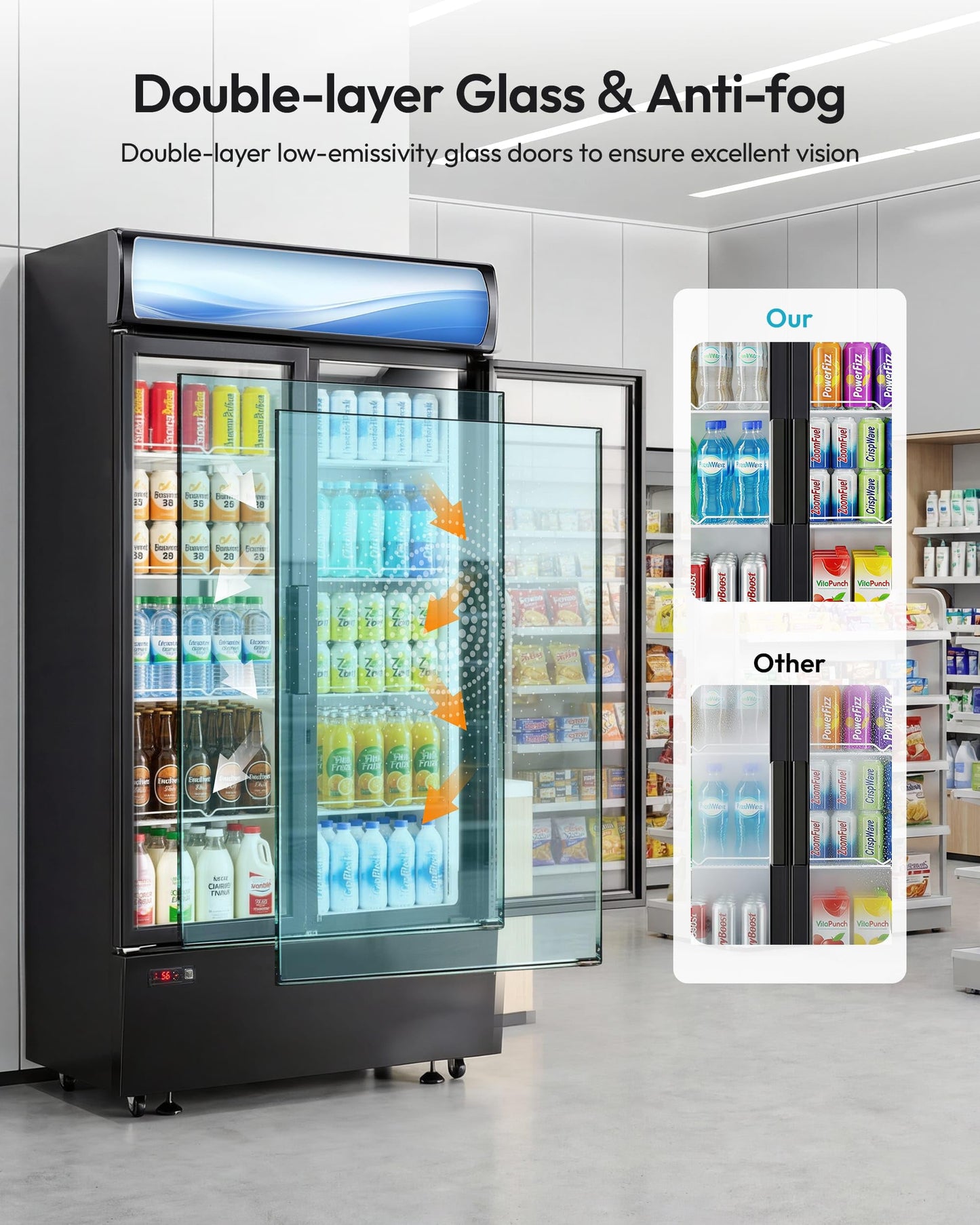 ICEVIVAL 21 cu.ft Commercial Refrigerators, Beverage Fridge with LED Light, 2 Glass Door Drink Merchandiser with 8 Adjustable Shelves, 32-50°F Digital Control ETL Certified Black